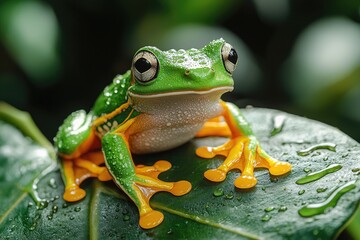 Vibrant Green Frog with Orange Toes on a Leaf