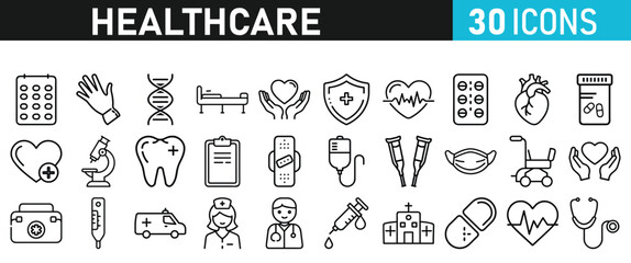 Healthcare set icons for web. Medicine and Health Care linear icon collection. Containing, Stethoscop, emergency, doctor, treatment, medical, report, diagnosis, health, prevention, patient