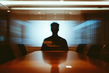 A mysterious silhouette is captured in motion against a blurred office backdrop, suggesting intrigue and anonymity in a corporate world.