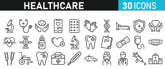 Healthcare set icons for web. Medicine and Health Care linear icon collection. Containing, Stethoscop, emergency, doctor, treatment, medical, report, diagnosis, health, prevention, patient