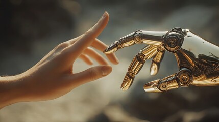Naklejka premium The human finger delicately touches the finger of a robot's metallic technological finger. Concept of harmonious coexistence of humans and AI technology