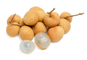 Top view Fresh longan fruit with seed on white background.