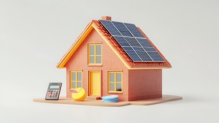 Eco-Friendly House with Solar Panels and Financial Tools, 3D render of a red brick house with solar panels