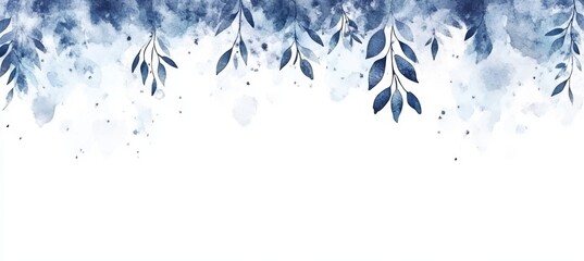 Obraz premium Minimalist Watercolor Floral Border, Romantic Sky Blue Wash with Delicate Leaves, Gentle Background