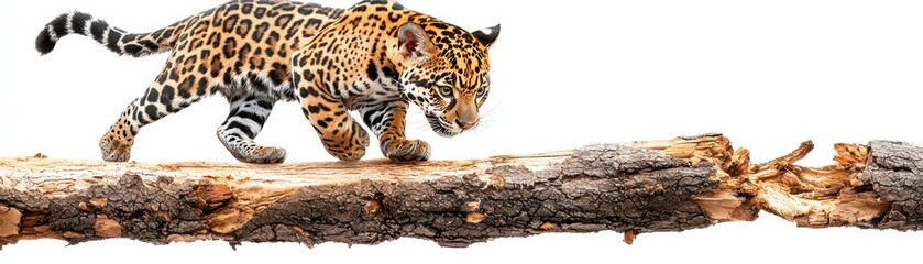 Fototapeta premium Jaguar walking on fallen log tropical rainforest wildlife photography natural habitat side view animal behavior