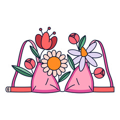 Female bra with flowers. Vector underwear or intimate wear. Lingerie with floral elements. Symbol of femininity and lady beauty, girl comfort and women fashion. Apparel and romantic boutique branding