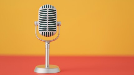 Vintage Microphone on Stand Against Bright Yellow Background
