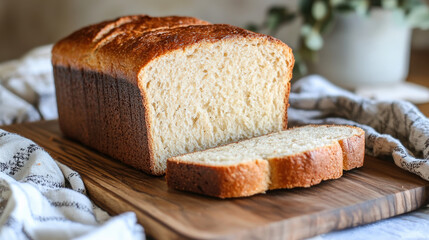 Freshly baked almond bread loaf sliced and served on wooden board, showcasing its golden crust and soft interior. Perfect for healthy snacking or breakfast