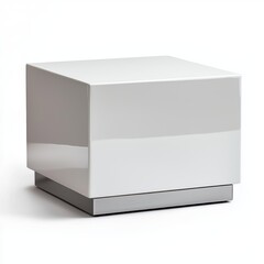 Fototapeta premium Glossy white cube-shaped modern nightstand with hidden compartment isolated on white