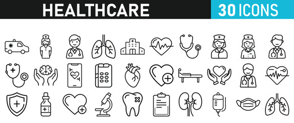 Healthcare set icons for web. Medicine and Health Care linear icon collection. Containing, Stethoscop, emergency, doctor, treatment, medical, report, diagnosis, health, prevention, patient