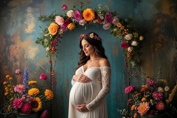 Eclectic Floral Maternity Photo Backdrop with Artistic Wall Design