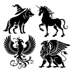 Fototapeta premium Fantasy Creature Silhouettes: A Wolf, Unicorn, Phoenix, and Griffin