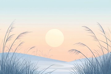 Obraz premium Serene sunset over coastal grasses, peaceful landscape, background design