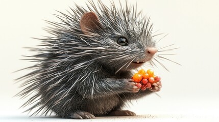 Cute baby hedgehog holding colorful berries in its tiny paws