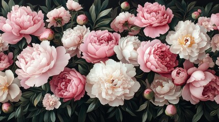 Pink peony floral banner, dark background, design