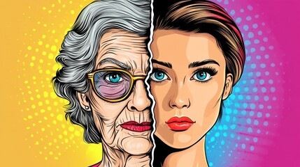 Portrait of a woman portraying the contrast between youth and aging with vibrant colors and bold artwork in a split face design