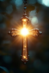 Light shines through an ornate cross pendant, showcasing intricate details and a warm glow in a serene outdoor setting during the golden hour