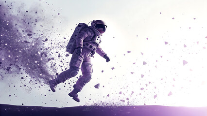 Obraz premium Astronaut Floating in a Surreal Cosmic Dreamscape: A Fantasy Sci-Fi Scene of Space Exploration with Gravity-Defying Motion and Shattered Debris in a Futuristic Alien World