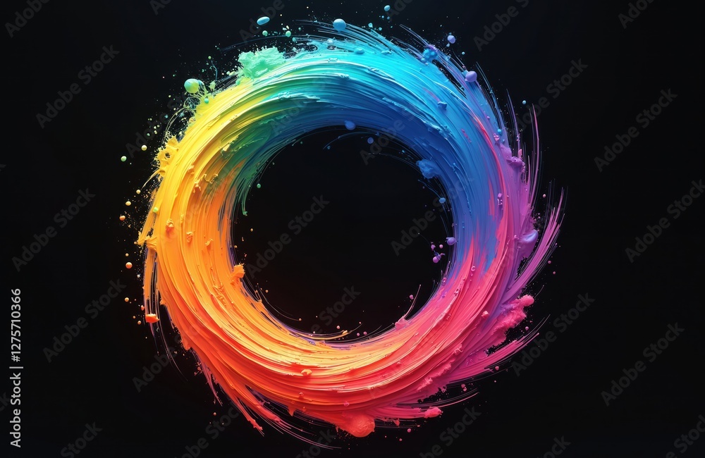 Poster Colorful swirl spiral vortex on dark background. Vivid brush strokes create rainbow gradient design element for modern posters and banners. Liquid paint texture and rotation effect.