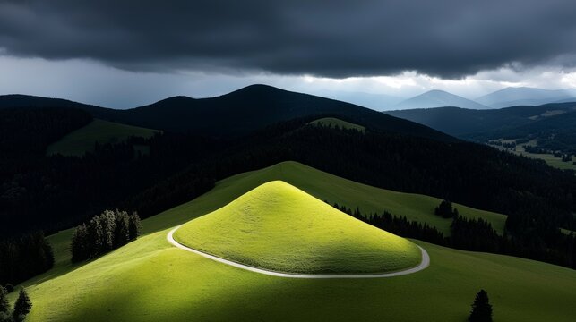 A beautiful green alpine meadow and blue sky provide a stunning backdrop for a summer sunrise in the mountains of Polonina Wetlinska, Bieszczady, Poland