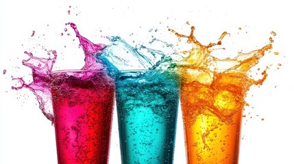 Three colorful drinks splashing in glasses, showcasing vibrant liquid motion and bubbles