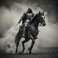 Mysterious knight riding through fog