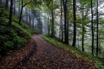Naklejka premium Misty autumn mornings often feature mysterious forest roads shrouded in typical October fog, with yellow wet fallen leaves covering the ground, illustrating the idea of eco tourism and active outdoor