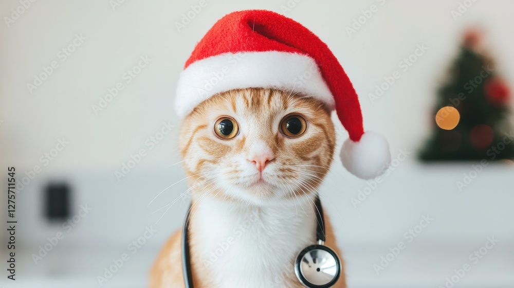 Wall mural Cat in Santa Hat with Stethoscope for Holiday Medical Theme