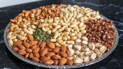 Fototapeta premium Assorted Nuts and Seeds Arrangement on Decorative Plate