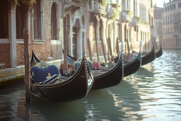 Gondolas gently rest along a Venetian canal, their elegant curves mirrored in the calm waters, evoking romance and timeless charm in the serene city.