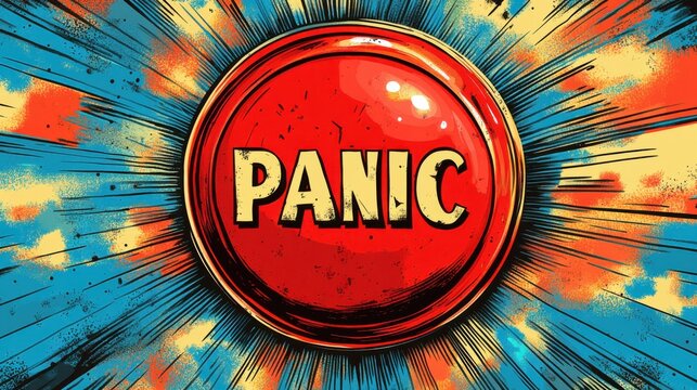 Large red button labeled panic surrounded by colorful bursts symbolizing urgency and chaos in a dramatic style