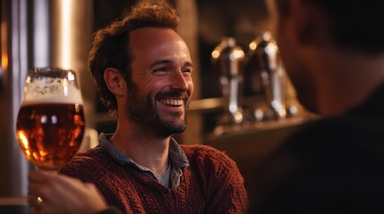 Happy man toasting with a beer in a cozy bar setting at night