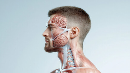 detailed medical illustration of human body showing muscles, brain, and spine in profile view, highlighting anatomical features
