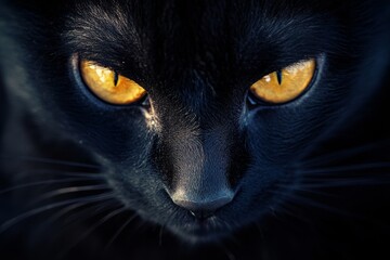 A black cat with vivid golden eyes stares intently, its shiny coat reflecting light, revealing a sense of mystery and allure.