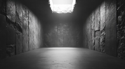 Dark stone room with ceiling opening allowing light to illuminate the space, creating an atmosphere of mystery and anticipation