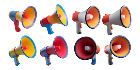 Colorful Megaphones in Various Angles and Arrangements for Promotion, isolated on transparent background
