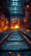 Fototapeta premium Railway tracks lead towards a fiery tunnel in an industrial setting during nighttime with ambient lighting and sparks flying in the air