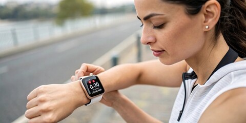 Smartwatch Glance: An athletic woman checks her smartwatch outdoors, her focused gaze capturing a moment of health tracking amidst the energy of an active lifestyle.