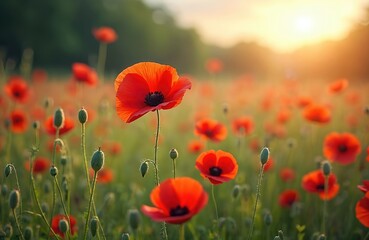 Fototapeta premium Scenic summer meadow view with vibrant red poppies and wild flowers during sunset. Warm light illuminates green field. Floral landscape symbolizes peace, remembrance and natural beauty.