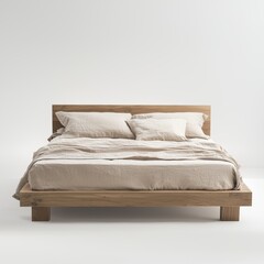 Minimalist wooden bed frame with neutral bedding and soft headboard isolated on white
