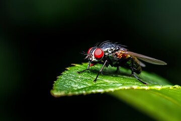 A housefly is photographed on a leaf using macro photography techniques