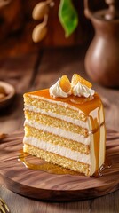 A Slice of Caramel Delight: Irresistible Layers of Cake with Creamy Frosting and Drizzled Caramel