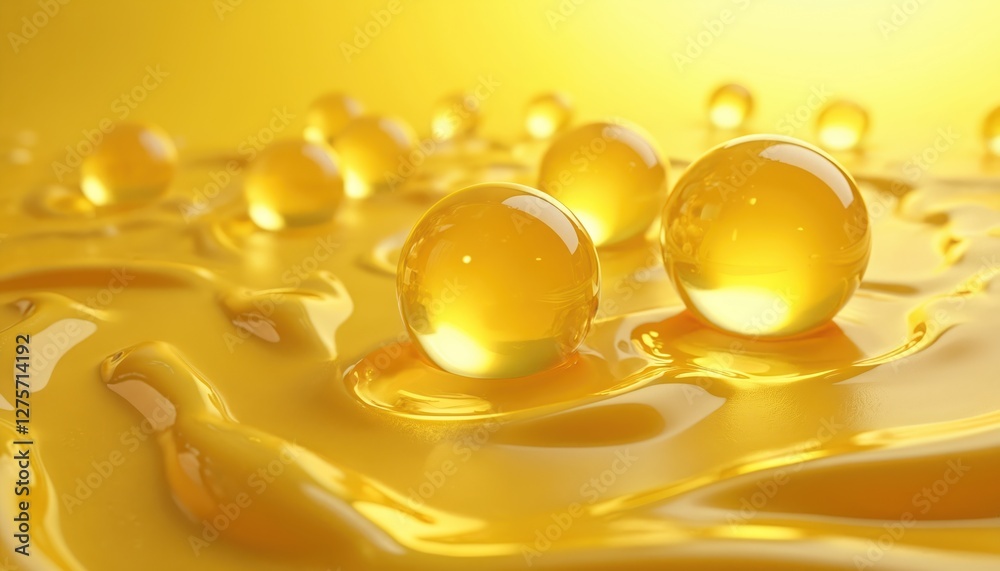 Poster clear transparent spheres float on yellow liquid. glossy bubbles with smooth surface, vibrant colors