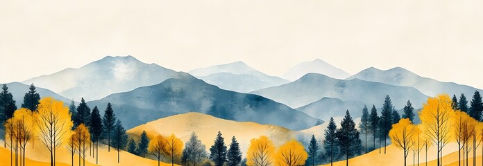 Serene Autumn Landscape with Blue Mountains and Golden Trees