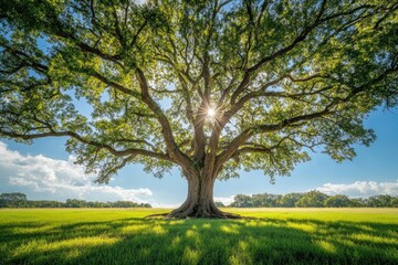 Fototapeta premium Majestic Oak with Sunlight: A giant oak tree stands majestically in a vibrant green field, its sprawling branches reaching towards a clear, blue sky.