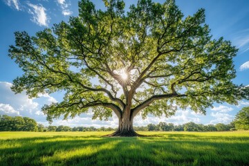 Obraz premium Majestic Tree of Life: A colossal, ancient tree stands in a vibrant meadow under a bright blue sky. Its expansive branches reach out, filtering the sunlight, offering a sense of peace and strength.