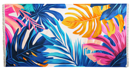 Decorative Rectangular Carpet with Colorful Tropical Leaf Design on Black Background