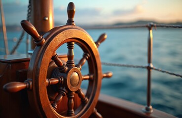 Close up wooden ship steering wheel. Yacht rudder, side view on sunset. Nautical vessel, travel adventure, tourism background. Marine transport, adventure, sail boat control.