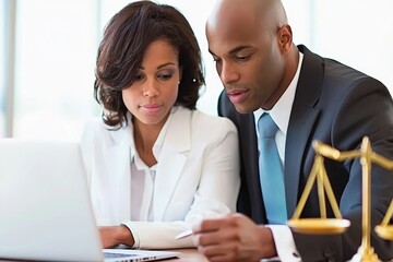 Fototapeta premium Business professionals and attorneys are seated at a table, engaged in a discussion about contractual documents, embodying notions of legal counsel and services, illuminated by morning light