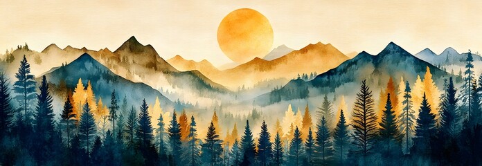 Serene Watercolor Landscape of Mountains and Forest